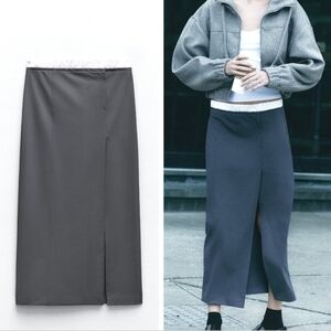 NEW Zara contrast satin waist boxer midi skirt slit front